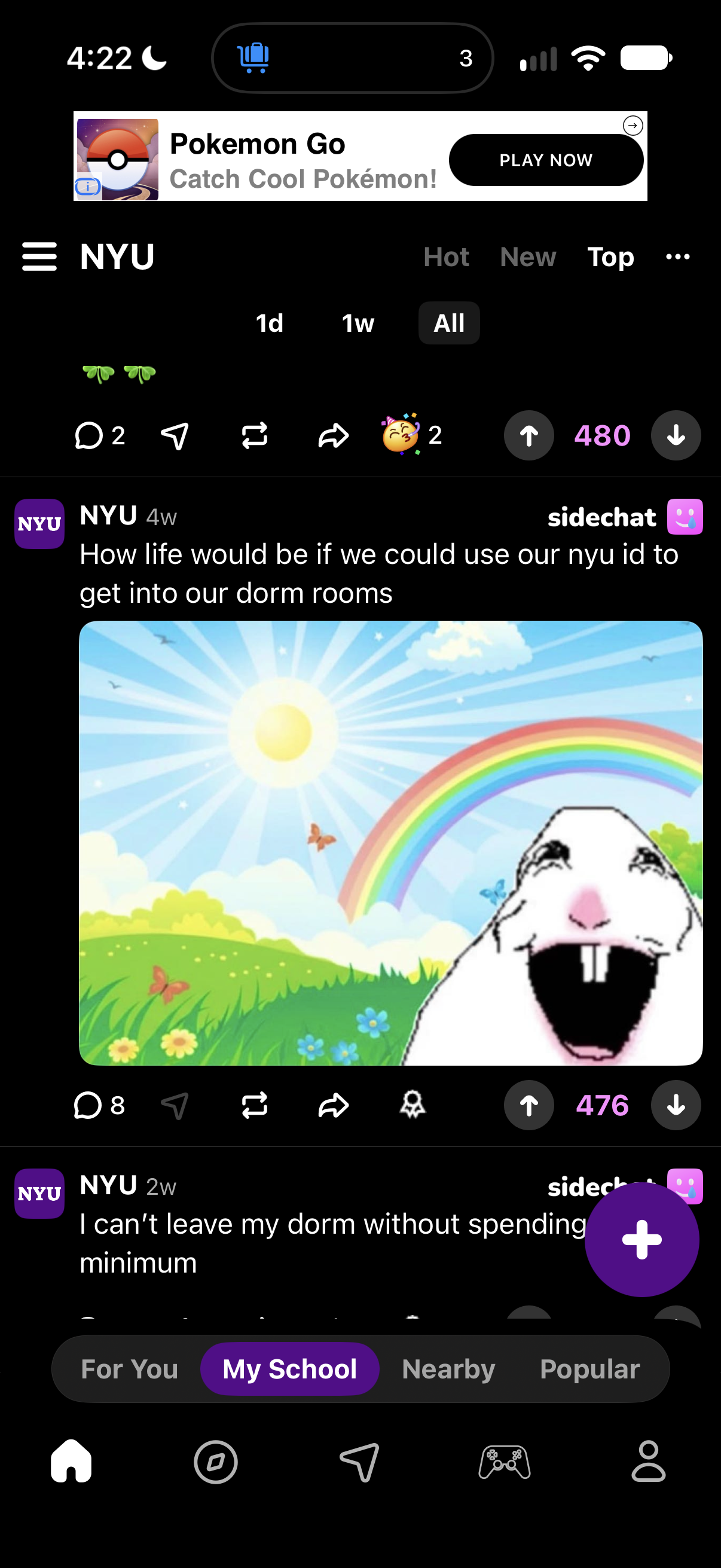 A happy cartoon creature beneath a rainbow